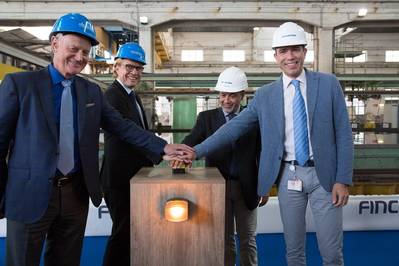 Pictured left to right are Windstar Cruises’ Vice President of Expansion Projects John Gunner and Vice President of Fleet Operations Christopher Prelog, along with Fincantieri’s Shipyard Director Salvatore Savarese and Vice President of Ship Repair and Conversions Andrew Toso, at the Windstar Star Plus Initiative steel-cutting ceremony at Fincantieri’s yard in Palermo, Italy.
(Photo: Windstar Cruises / Mary Schimmelman)