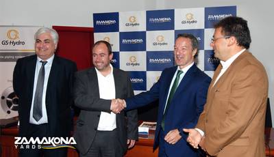 Pictured from left to right: Borja Garaygordóbil, General Director of Zamakona Yards Canarias; Pablo Moya, Managing Director of GS-Hydro Spain, Portugal and France; Álvaro Garaygordóbil, CEO Zamakona Yards Canarias and Luis Ibarra, President of the Port Authority of Las Palmas (Photo courtesy of Zamakona Yards)