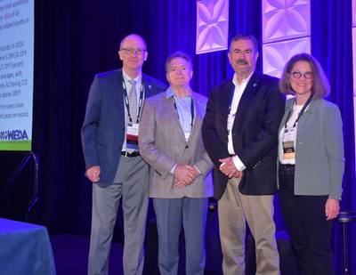 Pictured (L to R), Stanley Ekren, VP Manager Rivers & Lakes Division (GLDD), Dan Conrad, Senior Vice President (Conrad Shipyard), Robert Socha, Vice President Sales & Marketing (Conrad Shipyard), Julie Hile (The Hile Group)