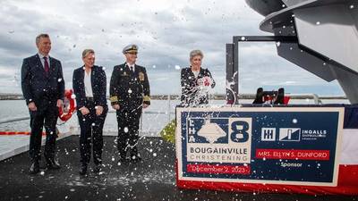 Pictured from left: Under Secretary of the Navy Erik Raven; Ingalls Shipbuilding President Kari Wilkinson; Prospective Commanding Officer, Bougainville (LHA 8) Capt. Harry Marsh, USN; and Ship’s Sponsor Ellyn S. Dunford. (Photo: HII)