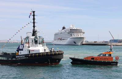 A new tug and a new pilot boat hit the water at Portland Port, following a naming ceremony. The tug was christened Wyke Castle and the pilot boat was named Silverwell. They continue in the tradition of new boats being named in honour of local castles and wells in the Weymouth and Portland area.  A visiting cruise ship, the Viking Vela, is pictured behind the two new boats. © Portland Port
