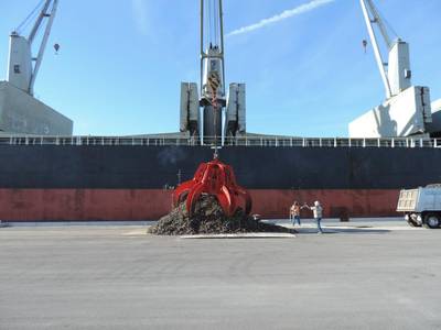 Port Canaveral Scrap Terminal loads the Grikos, its first vessel of export scrap from Canaveral. (Photo credit: Port Canaveral)