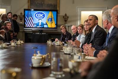 President Barack Obama delivers a statement to the press after a meeting with cabinet agencies coordinating the government's Ebola response, in the Cabinet Room of the White House, Oct.15, 2014. (Official White House Photo by Pete Souza)