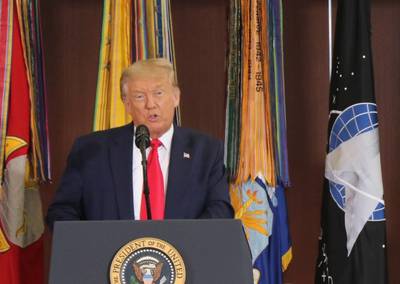 President Donald J. Trump speaks during a briefing at U.S. Southern Command headquarters in Doral, Fla. (Photo by Michael C. Dougherty, U.S. Southern Command Public Affairs)