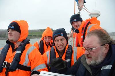 Putting their seamanship training to the test onboard the “Fairtide” from Offshore Marine Academy are (from left) Joe Stafford, Ralph Williams, Martyn Berrington and Scott Pitman with their tutor from the University, Andrew Eccleston.