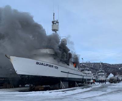 Qualifier 105 on fire in the Northern Enterprises Boat Yard in Homer, Alaska on Jan. 19, 2023. (Source: Homer Volunteer Fire Department)