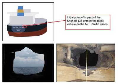 Graphic illustration and images captured by a U.S. Navy explosive ordnance disposal team aboard M/T Pacific Zircon, Nov. 16, showing the location where an Iranian-made unmanned aerial vehicle (UAV) penetrated M/T Pacific Zircon’s outer hull during an attack Nov. 15. The one-way UAV attack tore a 30-inch-wide hole in the outer hull on the starboard side of the ship’s stern, just below the main deck. (U.S. Navy graphic)