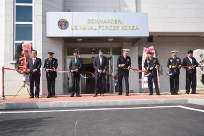 Rear. Adm. Bill Byrne, commander U.S. Naval Forces Korea; Gen. Curtis Scaparrotti, commander, U.S. Forces Korea; VAdm. Ki-sik Lee, commander Republic of Korea Fleet; Maj. Gen. James Walton, director of transformation and re-stationing for U.S. Forces Korea; Hon. Mark Lippert, U.S. ambassador to the ROK; Jung Gyung-jin, mayor of Busan for administrative affairs and Lee Jong-cheol, Nam-gu district mayor (U.S. Navy photo by Jermaine M. Ralliford)