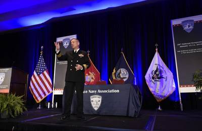 Rear Adm. Mat Winter, chief of naval research, discusses game-changing technology for the warfighter during a keynote address at the 28th Annual Surface Navy Association National Symposium. The Department of the Navy's Office of Naval Research provides the science and technology necessary to maintain the Navy and Marine Corps' technological advantage. (U.S. Navy photo by John F. Williams)