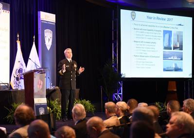 Rear Adm. Ronald A. Boxall, director, Surface Warfare, addresses attendees of the Surface Navy Association's 30th National Symposium in 2018. (U.S. Navy photo by Timothy Hale)