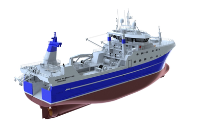 rendering of the fishing trawler to be built at the PJSC Vyborg shipyard in Russia (Photo: Wärtsilä)