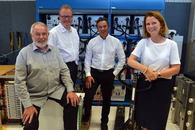 Representatives from three of the partners building up a Norwegian catapult center for smarter and greener energy systems: Hege Økland from NCE Maritime CleanTech, Asbjørn Halsebakke from The Switch Norway, and Gunnar Birkeland and Bernt Henrik Hellesøe from Unitech. (Photo: Øyvind Hjelmen)
