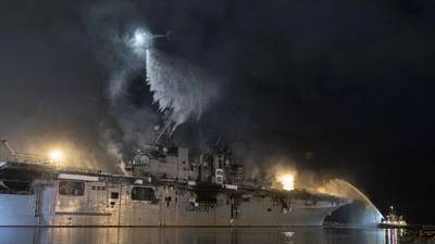 Responders battle a fire on board the amphibious assault ship USS Bonhomme Richard (LHD 6) at Naval Base San Diego in July 2020. (Photo: Garrett LaBarge / US. Navy)