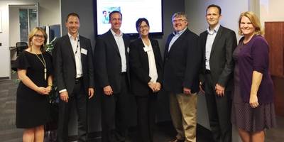 From left to right: Ashley Cagle, Wake County Economic Development; Stephan Keuschnigg-Zingl, Voith Digital Solutions; Marc Begin, Voith Digital Solutions; Representative Cynthia Ball, N.C. House of Representatives; Darryl Stevenson, Voith Digital Solutions; Rene Habets, Voith Digital Solutions; and Jenn Bosser, City of Raleigh, Office of Economic Development and Innovation. (Photo: Voith)