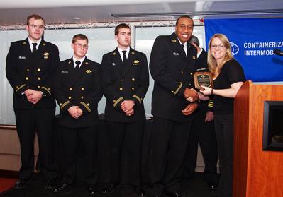 from left to right: Cadets Kevan Stoeckler, Michael Pluhowsk, William Courtney, Joshua Beck, and Crowley Marine Recruiter Jenny Terpenning