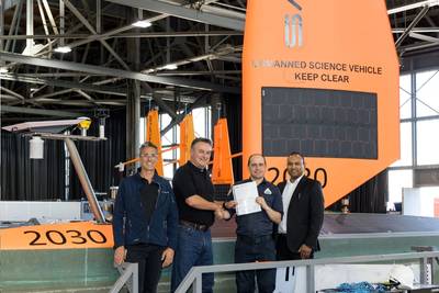 Left to right: Mark Cuyler, Saildrone COO; Brendan Mullan, Saildrone Sr. Project Manager; Daniel Grossman, ABS Senior Surveyor, San Francisco Port; and Daryl Bangar, ABS Director, Business Development North America. (Photo: ABS)