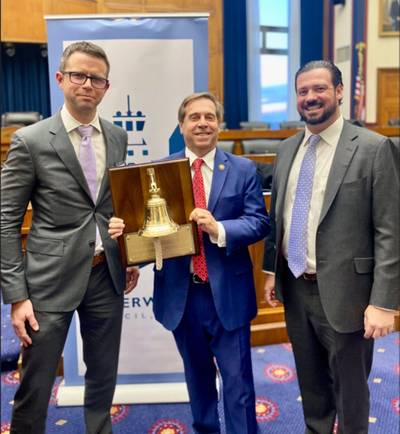 Left to right: SVP and General Counsel, Ingram Barge Company Andrew Brown; Rep. Chuck Fleischmann; WCI President/CEO Tracy Zea. Image courtesy WCI