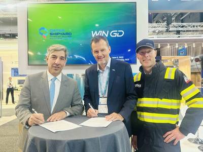 Left to right: Georgios Moutzourogeorgos, Chief Commercial & Business Development Officer, Qatar Shipyard Technology Solutions; Rudolf Holtbecker, WinGD Director of Global Service and Benny Hilström, Vice President of Market Development, WinGD. © WinGD