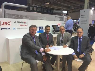 From left to right: Jeroen Kortsmit – Global Business Development Manager JRC/Alphatron Marine, Fanis Valvis – Navigation/Communication & Automation Manager Almi Tankers, Frans Steenbergen – General Manager Global Service Solutions JRC/Alphatron Marine and Vassilis Kokkotis – Sales Manager Nova Electronics (Photo: Alphatron Marine)