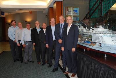 Right to left: Gregory M. Purdy, SVP, Marine Operations, Royal Caribbean International; Wayne Jones, SVP MAN PrimeServ; Carlos Pedercini, VP, Marine Operations & Global Nautical Services, Royal Caribbean International; Michael Kontny, Director Sales, MAN PrimeServ; Evangelos P. Sampanidis, Associate VP, Fleet Management, Celebrity; Leonidas Lavdas, Fleet Director, Celebrity; Kimmo Heikkila, Director, Powerplant & Technical Systems; Stiliyan Dimov, Manager, Global Marine Operations