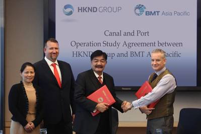 (Left to right): Li Wenjie (CEO Representative and CAO of HKND Group), John Murray (Senior Advisor of HKND Group) and Kwok Wai Pang (Executive Vice President of HKND Group), Dr Richard D Colwill (Managing Director of BMT Asia Pacific) (Photo: BMT)