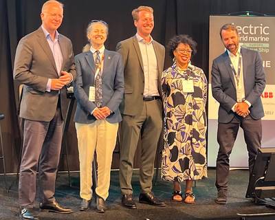 L to R: Roland Teixeira - President of EOPSA, Madadh MacLaine - Secretary-General of ZESTAs, Syb ten Cate Hoedemaker -Managing Director of the Maritime Battery Forum, Roz Guarnori - Electric & Hybrid Marine World Expo, Adria Jover - President of IEMA.