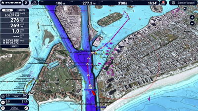 AI Routing on NavNet TZtouchXL automatically generates optimal routes based on charted hazards, depth contours, and navigation rules (Source: Furuno)