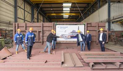 Royal Niestern Sander held a keel laying ceremony for the new stern of the passenger ferry Münsterland, which will be converted to LNG propulsion. (Photo: Royal Niestern Sander)