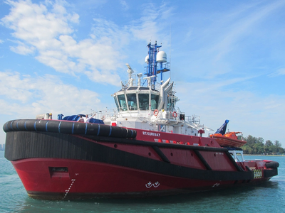 RT Kuri Bay - one of the three vessels used by KOTUG to serve the Shell Prelude facility (Photo courtesy of Inmarsat) 