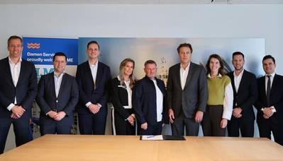 Rutger Blaauw (ex-Managing Director Damen Services), Bart Kaal (Managing Director Damen Services), Lennart Kranenburg (Corporate Development Manager, Damen Maritime Ventures), Tina Langford (Co-director I.M.E), Paul Langford (Managing Director I.M.E), Arnout Damen (CEO Damen Shipyards Group), Anne-Carline van Lankeren (Corporate Legal Counsel), Davoud Hatami (Legal Counsel), Edwin van der Poel (Director Damen Services UK). © Damen Services