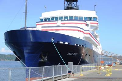 R/V Sally Ride (AGOR 28) is prepared for a christening ceremony at Dakota Creek Industries, Inc. shipyard in Anacortes, Wash. R/V Sally Ride is the second in the Neil Armstrong-class of research vessels and features a modern suite of oceanographic and acoustic ocean mapping equipment. (U.S. Navy photo by John F. Williams)