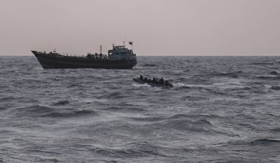 Sailors assigned to the Arleigh Burke-class guided-missile destroyer USS Preble (DDG 88) respond to a distress call from an Iranian vessel. (U.S. Navy photo by Morgan K. Nall)