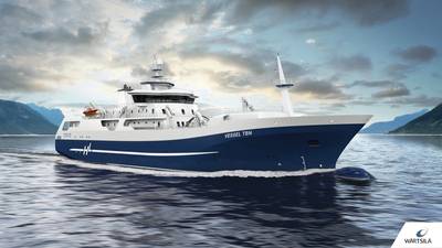 The new salmon processing and transportation vessel for Hav Line AS, Norway, is the world's first vessel of its kind with a hybrid/battery solution. (Photo: Wärtsilä)
