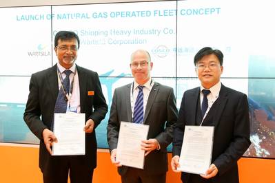 Sanjay Verma, Wärtsilä; Jim Smith, Lloyd's Register; and Zhao Zhijian, CHI with the Natural Gas Operating Fleet concept's AiP Certification (Photo: Wärtsilä)
