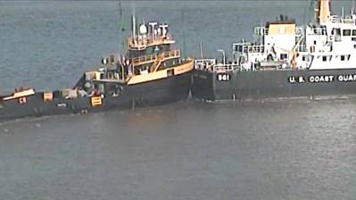 Screenshot of vessel traffic service camera at 1544, at the time of collision.​ (Source: ​​US Coast Guard​​)