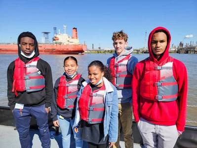 SE Louisiana middle and high school students aspiring to learn more about the local maritime industry tour the docks and terminals along the Mississippi River in St. Bernard Parish as part of the first ever Maritime Field Trip organized by Crescent River Port Pilots Association (CRPAA), the New Orleans-Baton Rouge Steamship Pilot Association (NOBRA), the St. Bernard Port Harbor and Terminal District and Associated Terminal. Pictured (L to R): Damien Lee, 10th grader; Kaybre Cuhsenberry, 8th grad