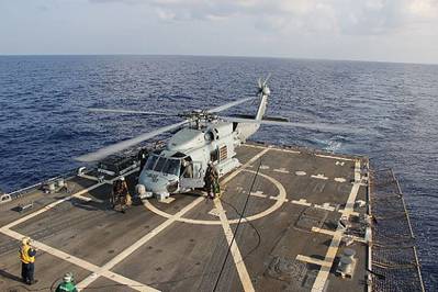 Sea Hawk helicopter lands on USS Pinckney