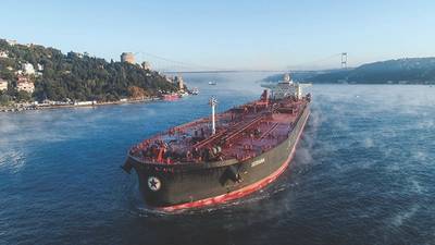 The MT Seriana on the Bosporus: severe corrosion problems were solved with Chevron’s Special HT Ultra 140 BN cylinder oil. (Photo: Chevron)