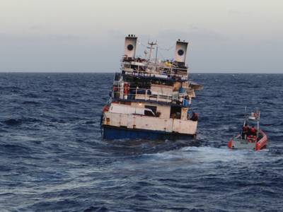 Seven crewmembers were rescued after the 100-foot coastal freighter Calypso began taking on water and sank approximately 45 miles north off of Cap Haitien, Haiti, Friday. U.S. Coast Guard photo.