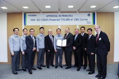 Shin Hyun-soo, CTO of HHI (sixth from left) and Jeremy Barns, Commercial Marketing Director of GE Aviation Marine (seventh from left) are holding the AIP certificate that HHI and GE received from Lloyd’s Register for COGES Powered 174,000 m3 LNG Carrier (Photo: HHI)