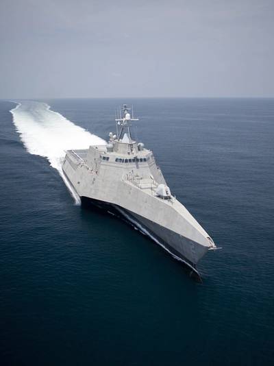 Shown is USS Independence (LCS 2) during sea trials in the Gulf of Mexico. Two LM2500 aeroderivative gas turbines arranged in a COmbined Diesel and Gas turbine (CODAG) configuration with two diesel engines power the Austal-built LCS. Photo courtesy of Austal USA.