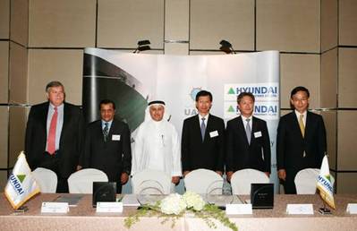 Signing Ceremony (Dr. Abdul Aziz Al-Ohaly, UASC Board Director (third from left) and Mr. Kim Oi-hyun, President and COO of Hyundai Heavy Industries (third from right))