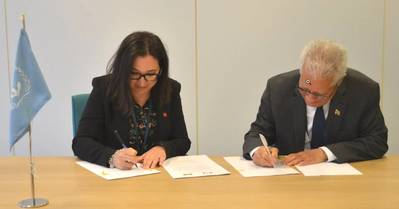 Signing the Reciprocal Recognition Agreement (left to right): Joanna Manger, Director General, Marine Safety & Security at Transport Canada, and Rear Admiral (ret’d) Peter Brady, Director General of the Maritime Authority of Jamaica. (Source: Maritime Authority of Jamaica)