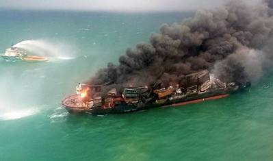 The Singapore-registered MV X-Press Pearl, carrying 1,486 containers, including 25 tonnes of nitric acid along with other chemicals and cosmetics, was anchored off Sri Lanka's west coast when a fire erupted onboard after an explosion on May 20, 2021. (Photo: Sri Lanka Coast Guard)