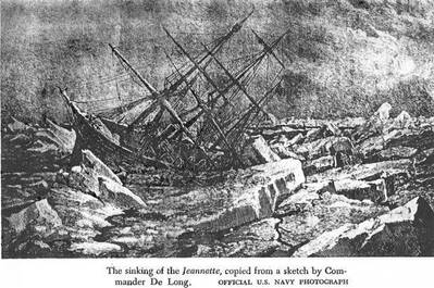 Sketch by LCDR. DeLong of Jeannette stuck and sinking in the ice in June 1881. US Navy image