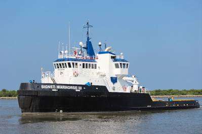 SOLAS Certified, ABS A1, 10,000 BHP, Signet Warhorse III en route to Newport Naval Shipyard to tow USS Saratoga to Brownsville, Texas.