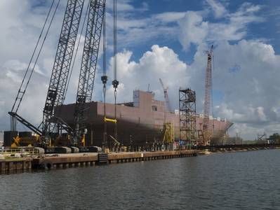 A view of the starboard side of  El Coquí under construction.  (Photo courtesy of Crowley)