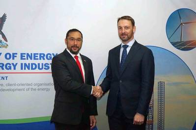 Stuart R. Young MP Minister of Energy and Energy Industries and Minister in the Office of the Prime Minister and Adam Lowmass, Senior Vice President and Country Chair, Shell Trinidad and Tobago. (September 2023)