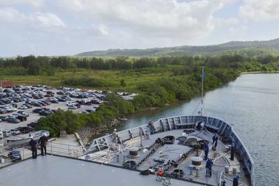 Submarine tender USS Frank Cable (AS 40) departs Polaris Point to conduct sea trials. (U.S. Navy photo by Derek Harkins)