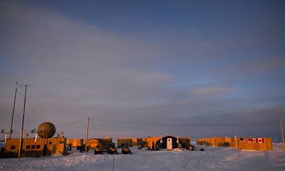 The view at sunset of Ice Camp Nautilus, located on a sheet of ice adrift on the Arctic Ocean, during Ice Exercise (ICEX) 2014. ICEX 2014 is a U.S. Navy exercise highlighting submarine capabilities in an arctic environment. (U.S. Navy photo by Joshua Davies)